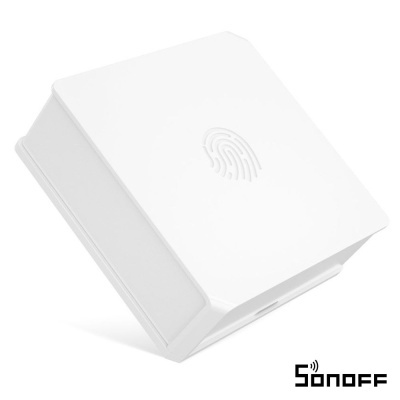 Dispositivo Sonoff branco com símbolo de impressão digital