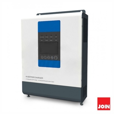 Inversor/carregador de energia branco com painel azul e ecrã digital