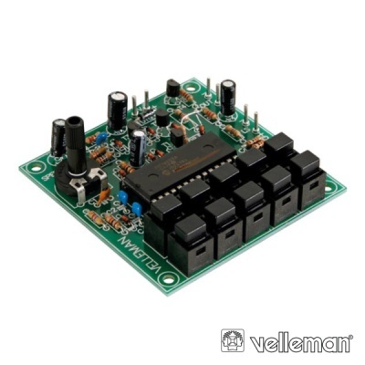 Placa eletrónica verde com componentes electrónicos e texto VELLEMAN