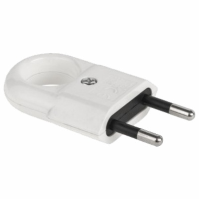 Ficha elétrica branca com pinos redondos e anel circular no topo