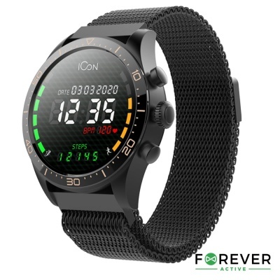 Relógio inteligente preto com bracelete em malha metálica e mostrador digital com dados de saúde e atividade.