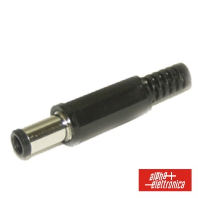 Conector elétrico tipo jack preto com ponta metálica prateada e base espiralada