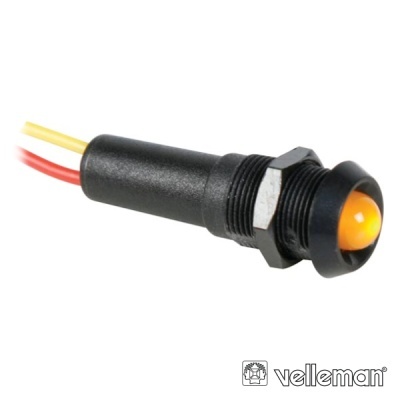 Indicador luminoso LED âmbar com cabo preto e fios vermelho e amarelo