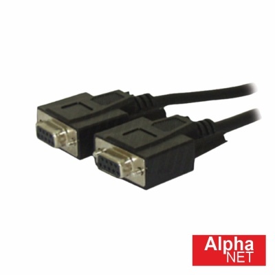 Cabo com dois conectores DB9 preto sobre fundo branco e logo Alpha NET