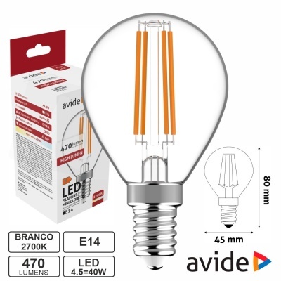 Lâmpada LED transparente ambar com base E14 ao lado da embalagem da marca avide