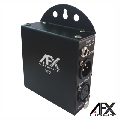 Unidade eletrónica preta AFX Light DD2 com conetores DMX e entrada 9-12V