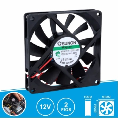 Ventoinha de refrigeração preta para computador SUNON MagLev, 12V, 80x80x15 mm
