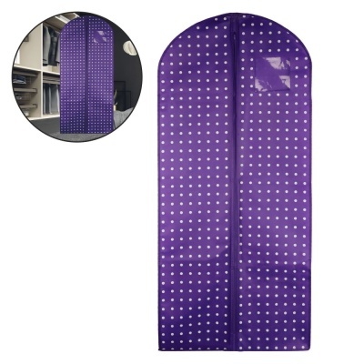 Capa protetora roxa para fatos com bolinhas brancas e bolso transparente
