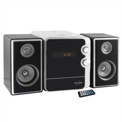 Sistema de som com colunas, unidade central com mostrador digital e telecomando