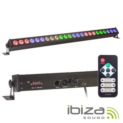 Barra de luz LED multicolor com controlo remoto e conexões traseiras da Ibiza Sound