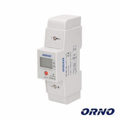 Dispositivo elétrico branco ORNO com botão vermelho e texto técnico