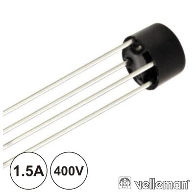 Componente electrónico preto com quatro pinos metálicos e texto 1.5A 400V