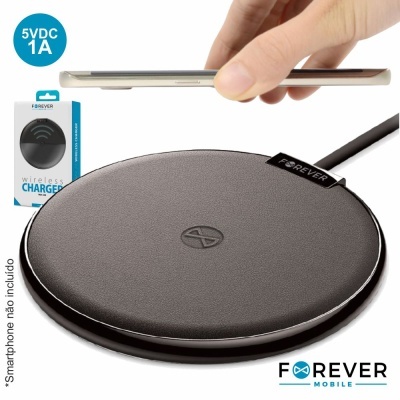 Carregador sem fios preto redondo com smartphone a ser carregado