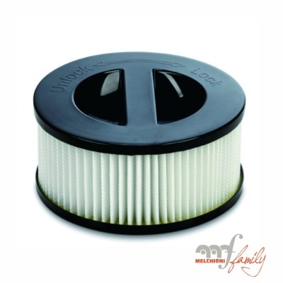 Filtro circular para aspirador com base e topo em plástico preto e corpo em material filtrante branco