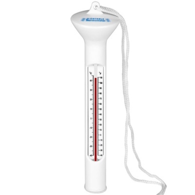Termómetro flutuante branco para piscinas com cordão e texto azul