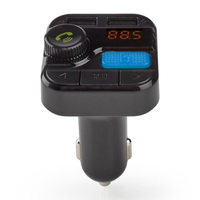 transmissor FM preto para automóvel com ecrã digital laranja e botões