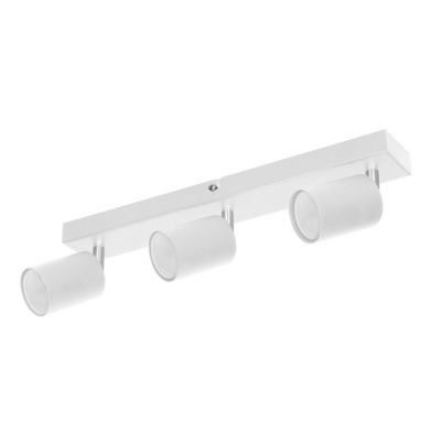 Candeeiro de teto com três focos cilíndricos brancos em trilho branco