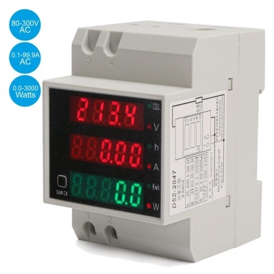 Medidor digital de energia com displays LED e corpo cinza