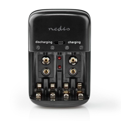 Carregador de pilhas preto da marca nedis com indicadores de carga e descarga
