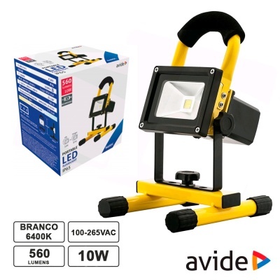 Projetor LED portátil amarelo e preto com base e embalagem