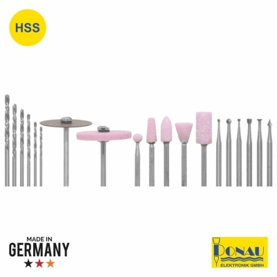Conjunto de ferramentas perfuradoras e abrasivas com selo MADE IN GERMANY e logotipo DONAU