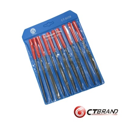 Conjunto de limas metálicas com cabos vermelhos em embalagem azul