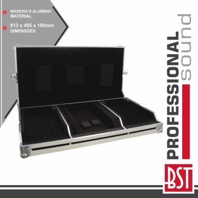 Estojo profissional em madeira e alumínio aberto com interior em espuma preta