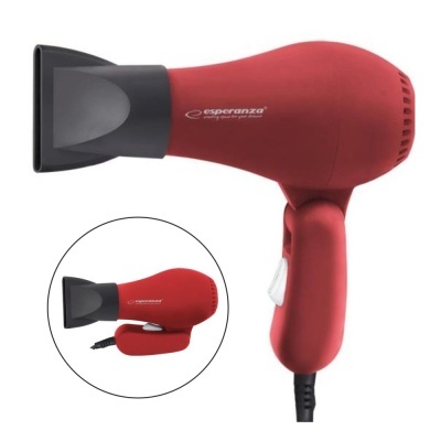 Secador de cabelo vermelho com bocal preto e pega dobrável