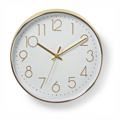 Relógio de parede redondo branco com borda dourada e números dourados