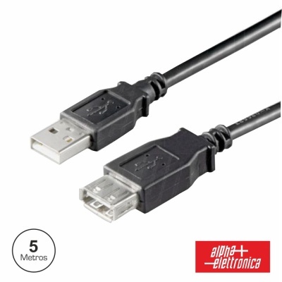 Cabo USB preto com conectores tipo A e logotipo alpha elettronica