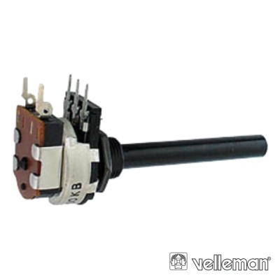 Potenciômetro rotativo preto com base branca e circuito impresso castanho