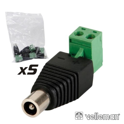 Adaptadores conector DC preto com terminal verde e parte metálica, conjunto de 5, logótipo Velleman
