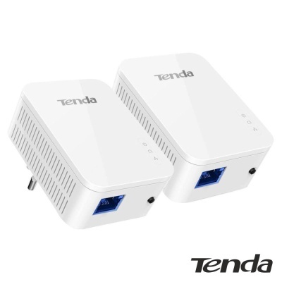 Dois adaptadores de rede Powerline brancos da Tenda com porta Ethernet azul
