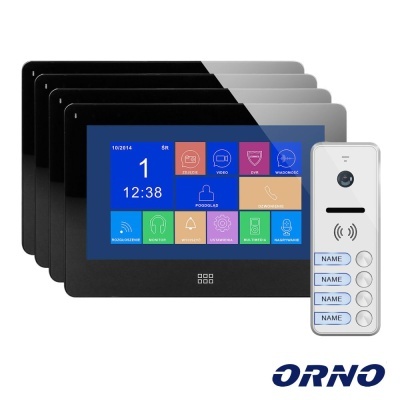 Sistema de videoporteiro com painel exterior branco e monitor preto com ecrã táctil colorido