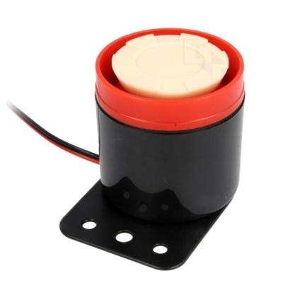 Sirene eletrónica preta com capa vermelha e botão creme