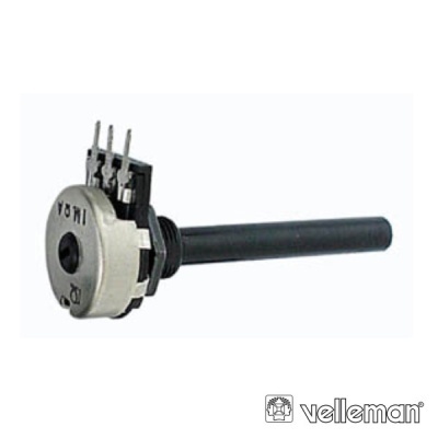 Potenciómetro metálico com eixo preto e terminais expostos