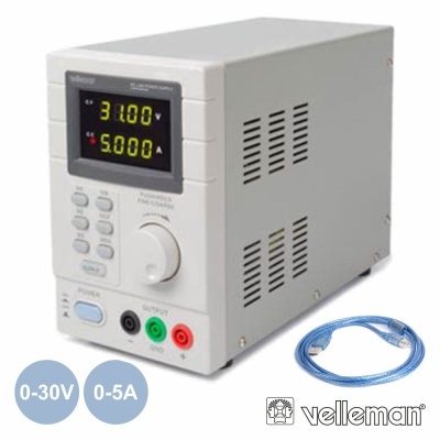 Fonte de alimentação regulável Velleman com visor digital e cabos