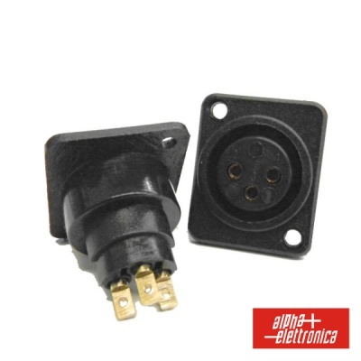 Conector industrial preto de 4 pinos com placa de encaixe e logótipo alpha-elettronica