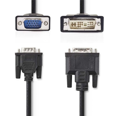 Cabo com conectores VGA azul e DVI branco em fundo branco