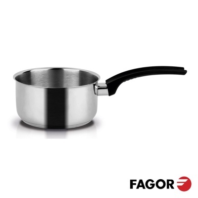 Caçarola de aço inoxidável com punho preto e logo FAGOR