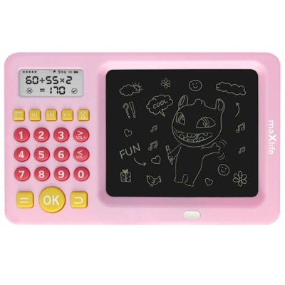 Calculadora educativa rosa com teclado numérico e ecrã para desenhos