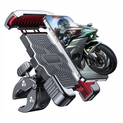 Suporte robusto para smartphone com fixação para motociclos, cores preto e vermelho.