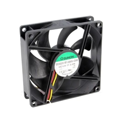 Ventoinha de arrefecimento preta com etiqueta central SUNON e fios coloridos