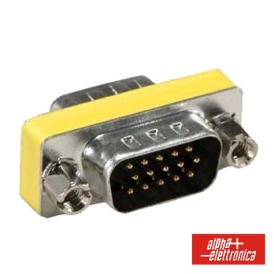 Adaptador de conector D-sub 15 pinos com base amarela e parafusos em fundo branco