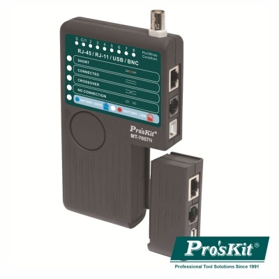 Tester de cabos Pro'sKit MT-7057N preto com painel de indicações e conectores RJ-45, RJ-11, USB e BNC