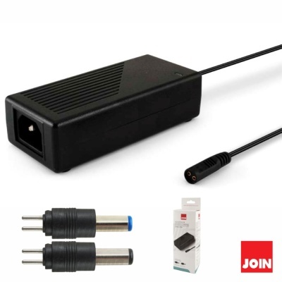 Adaptador de energia preto com cabo e dois adaptadores de ponta redonda, embalagem branca com texto JOIN