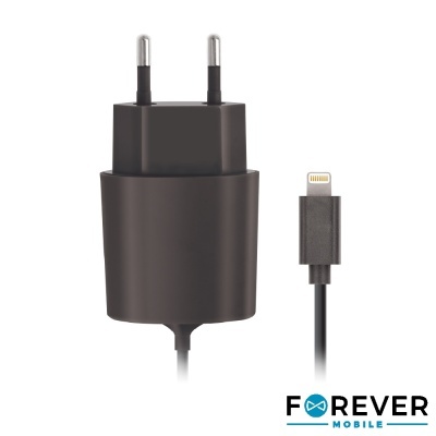 Carregador de parede preto com conetor Lightning e ficha elétrica europeia