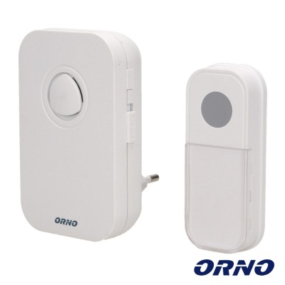 Campainha eletrónica branca com botão cinza e transmissor separado, marca ORNO