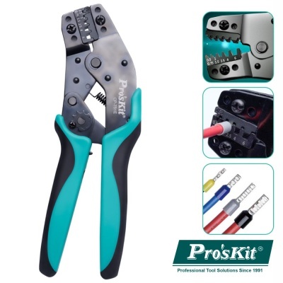 Alicates de crimpar Pro'sKit com punhos verde e preto e estrutura metálica cinzenta