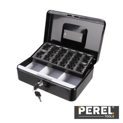 Caixa-cofre preta metálica aberta com compartimentos para moedas e notas